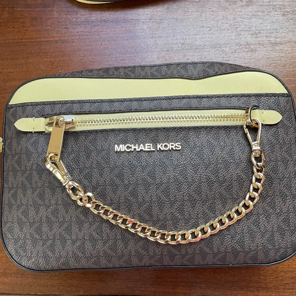 Michael Kors Brown MK Crossbody w/ Pale Yellow Trim & Gold Chain